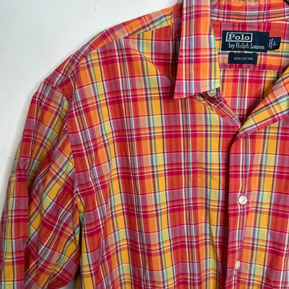 Polo Ralph Lauren Mens Large Pink Orange Plaid Short‎ Sleeve Cotton Button Shirt